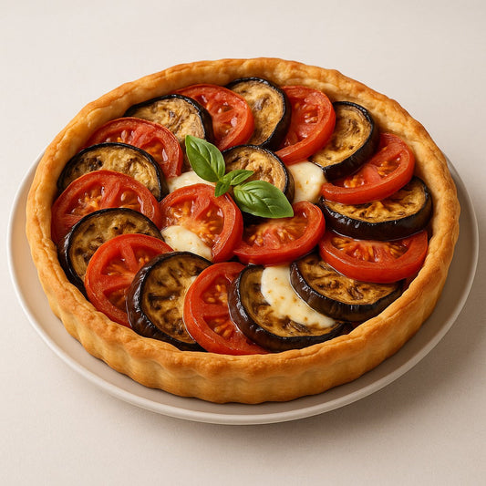 Torta salata mediterranea con melanzane e pomodori, resa unica dall’olio evo Colli Borbonici®, eccellenza artigianale del Sud Italia in Campania.
