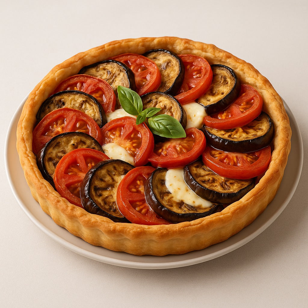 Torta salata mediterranea con melanzane e pomodori, resa unica dall’olio evo Colli Borbonici®, eccellenza artigianale del Sud Italia in Campania.
